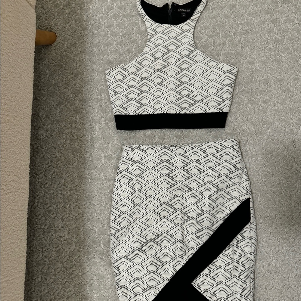 Elegant Black and White Geometric Skirt Set